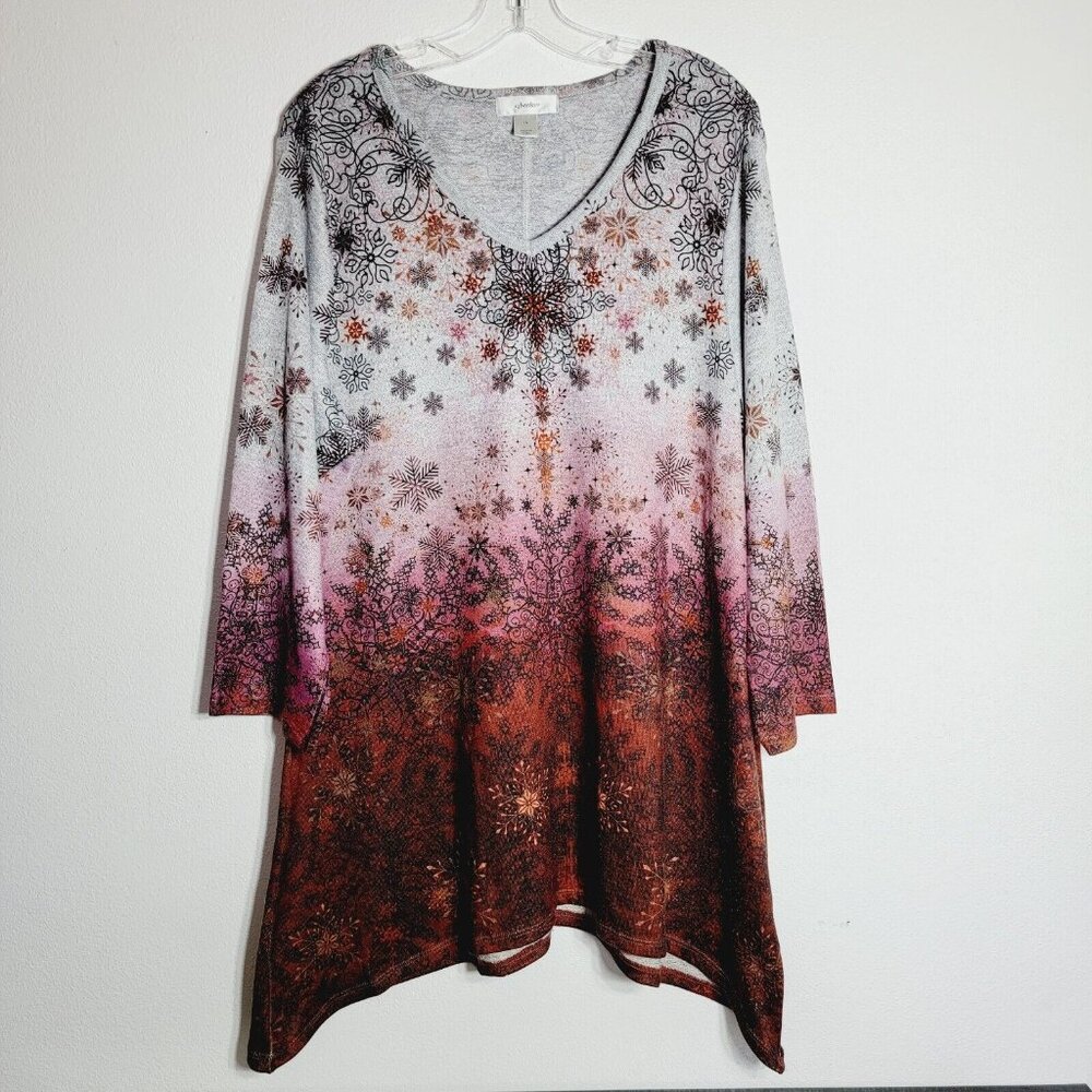 CJ Banks Tunic Top‎ Plus Size 1X Snowflake Print Long Sleeve Soft Knit Stretch